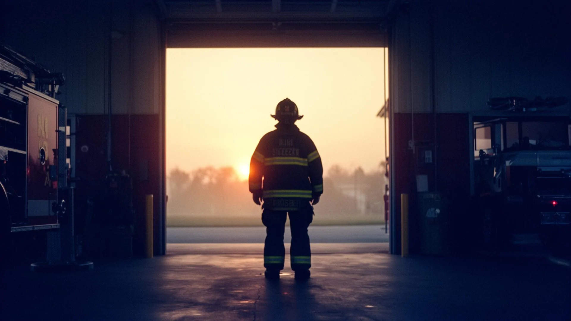 A firefighter silhouetted in the open bay door of a station at dawn